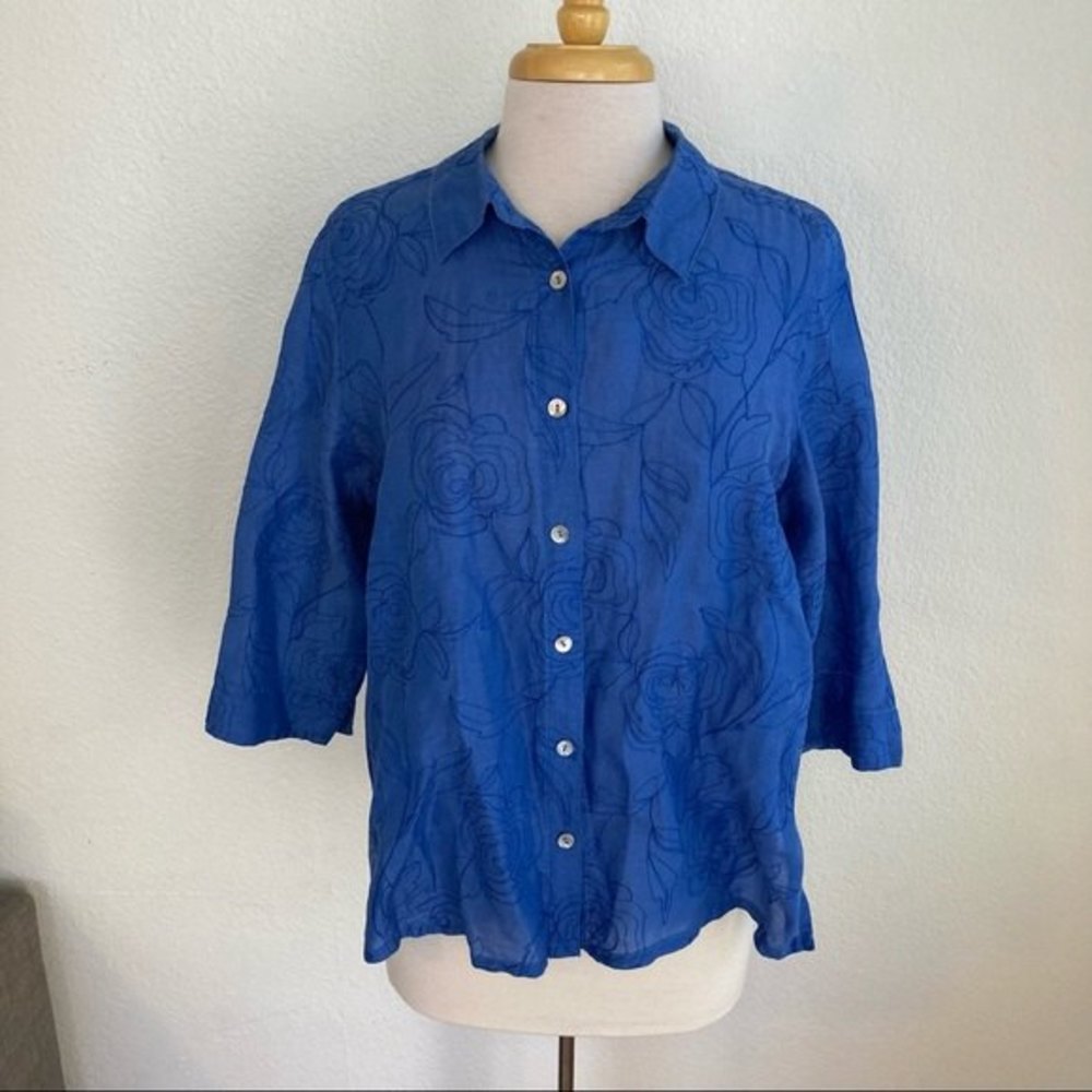 French laundry petite linen silk embroidered button down shirt blouse floral